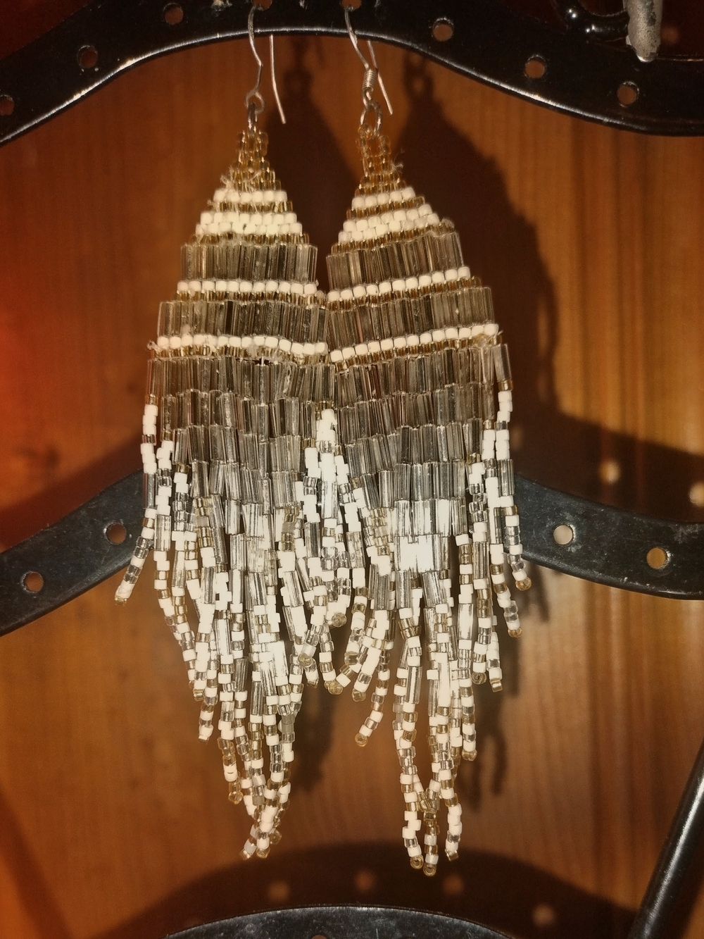 Handcrafted White and Gold Beaded Fringe Earrings